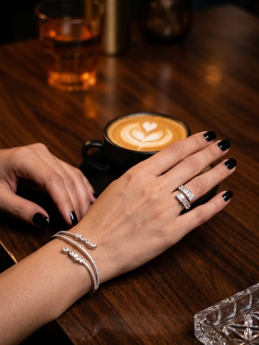 925 Silver CZ Vine Bracelet and Ring Set