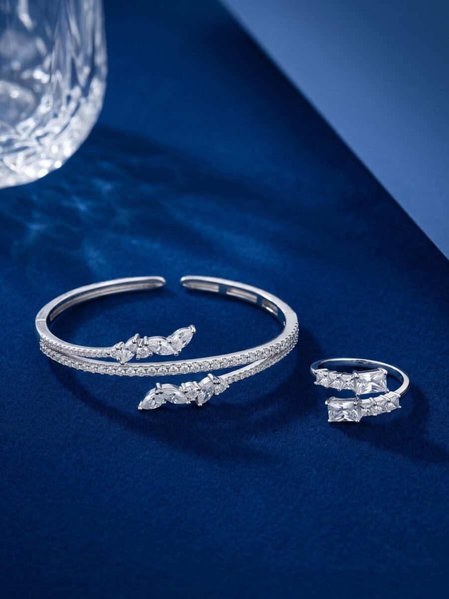 925 Silver CZ Vine Bracelet and Ring Set