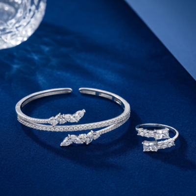 Exquisite Handcrafted 92.5 Sterling Silver Intertwined Eclipse Bracelet & Ring Set