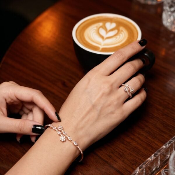 925 Silver CZ Drop Bracelet and Floral Ring Set