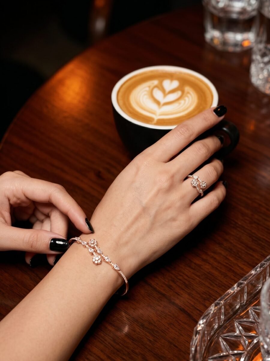 925 Silver CZ Drop Bracelet and Floral Ring Set