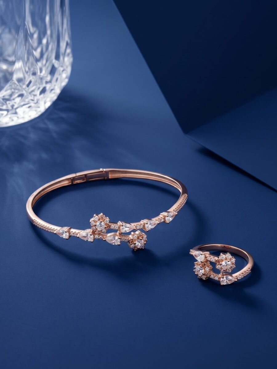 925 Silver CZ Drop Bracelet and Floral Ring Set
