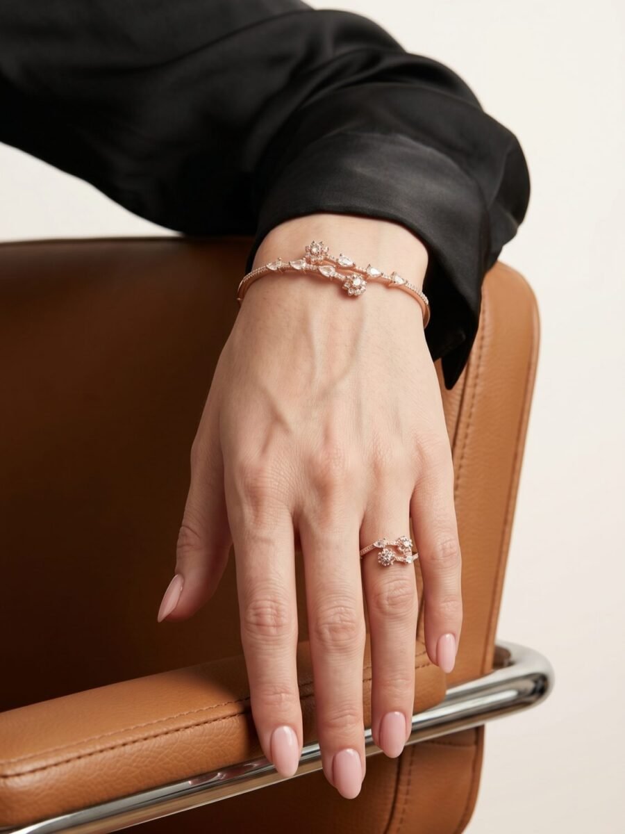 925 Silver CZ Drop Bracelet and Floral Ring Set