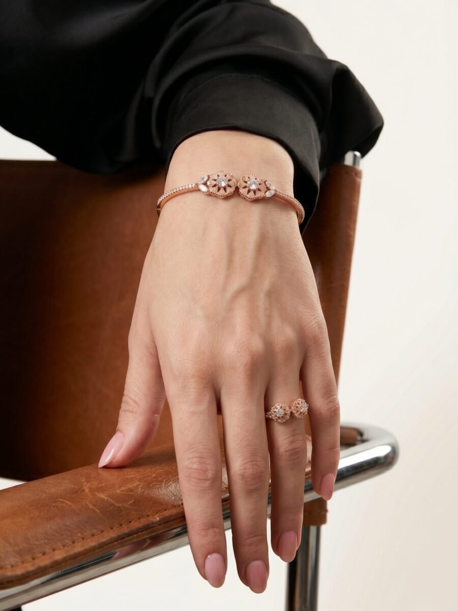 925 Silver CZ Sunflower Cuff and Ring Set