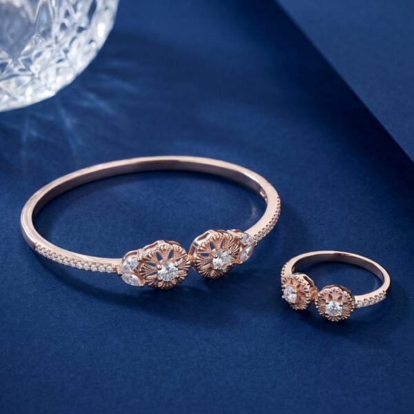 925 Silver CZ Sunflower Cuff and Ring Set