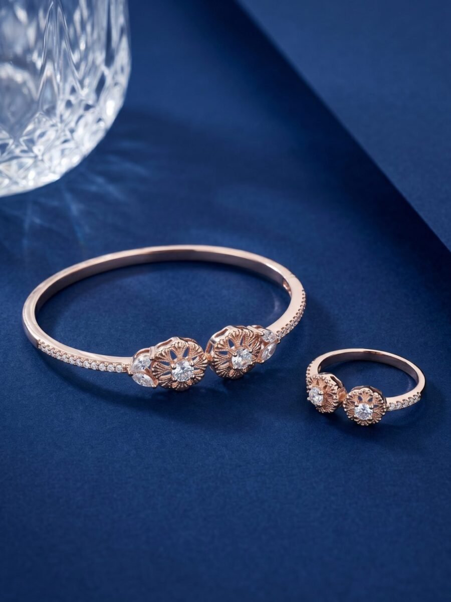 925 Silver CZ Sunflower Cuff and Ring Set