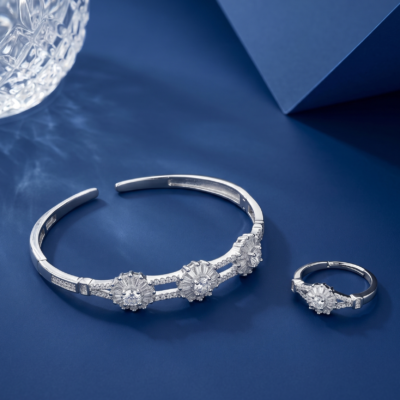 Sophisticated Diamond-Cut 92.5 Sterling Silver Crystalline Facet Bracelet & Ring Set