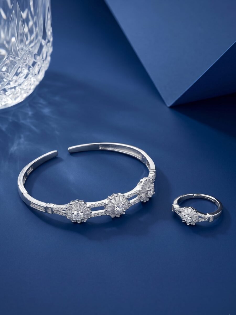 925 Silver CZ Daisy Cluster Cuff and Ring Set