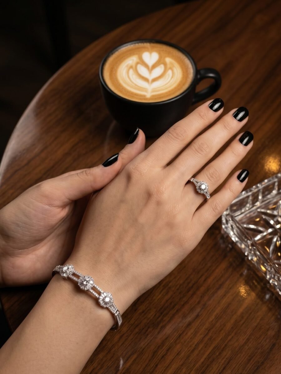 925 Silver CZ Daisy Cluster Cuff and Ring Set