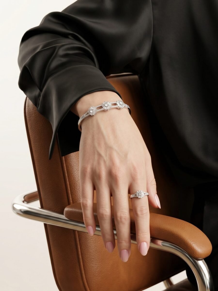 925 Silver CZ Daisy Cluster Cuff and Ring Set