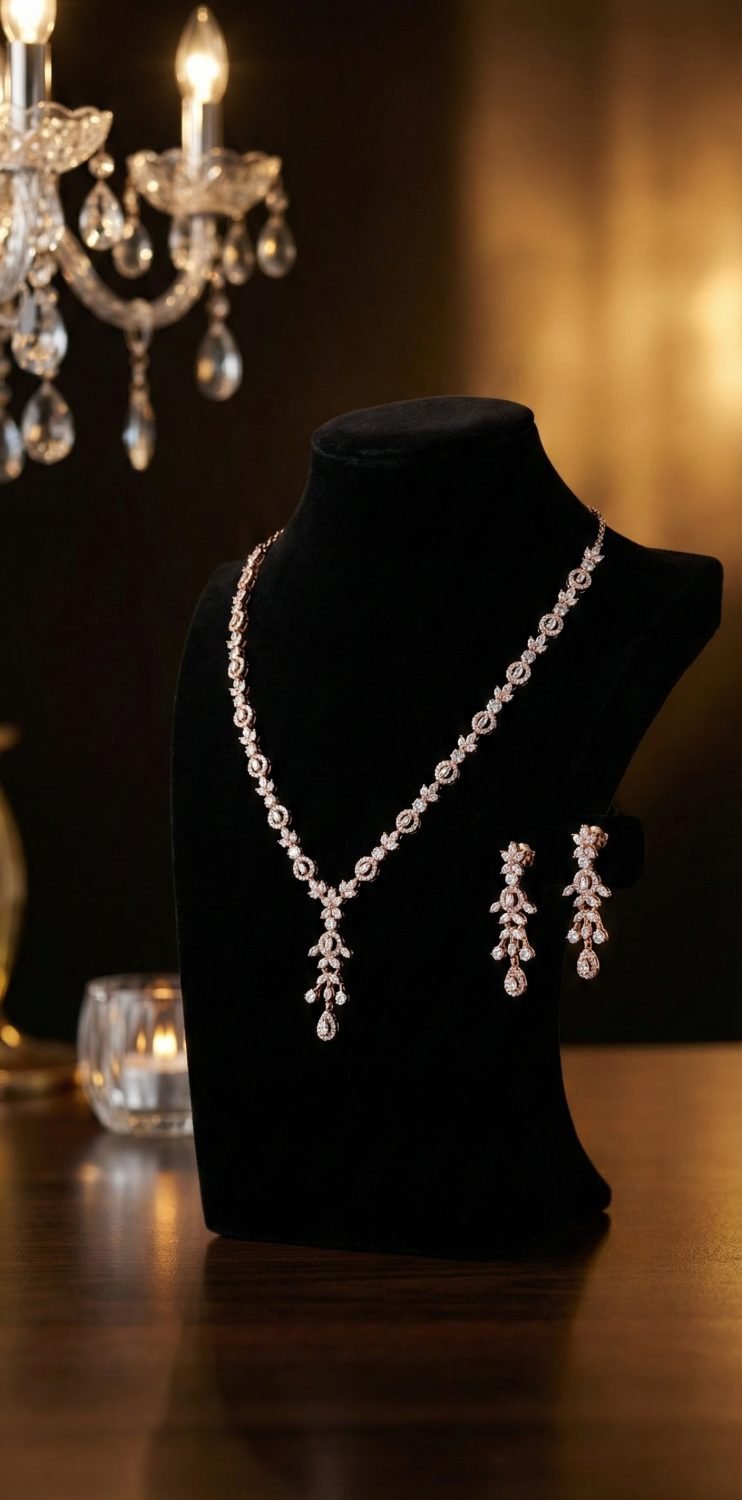 925 Silver Rose Gold CZ Floral Chain Necklace Set