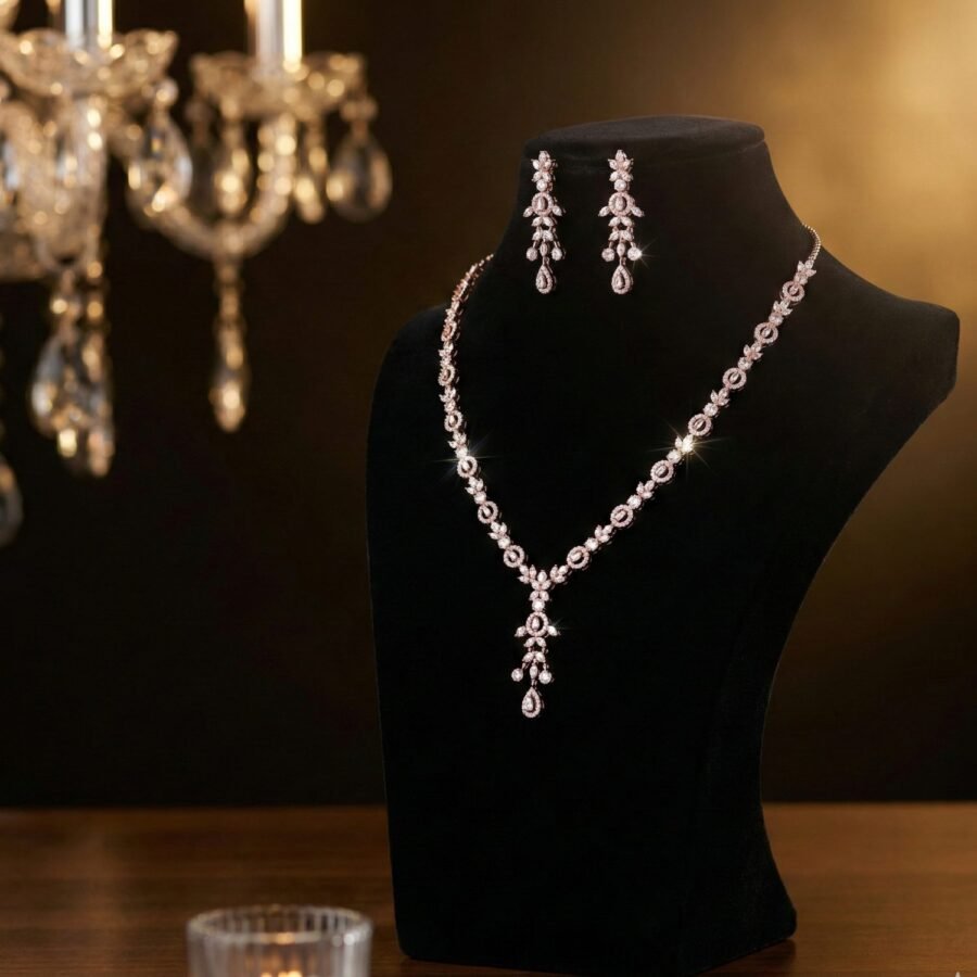 925 Silver Rose Gold CZ Floral Chain Necklace Set