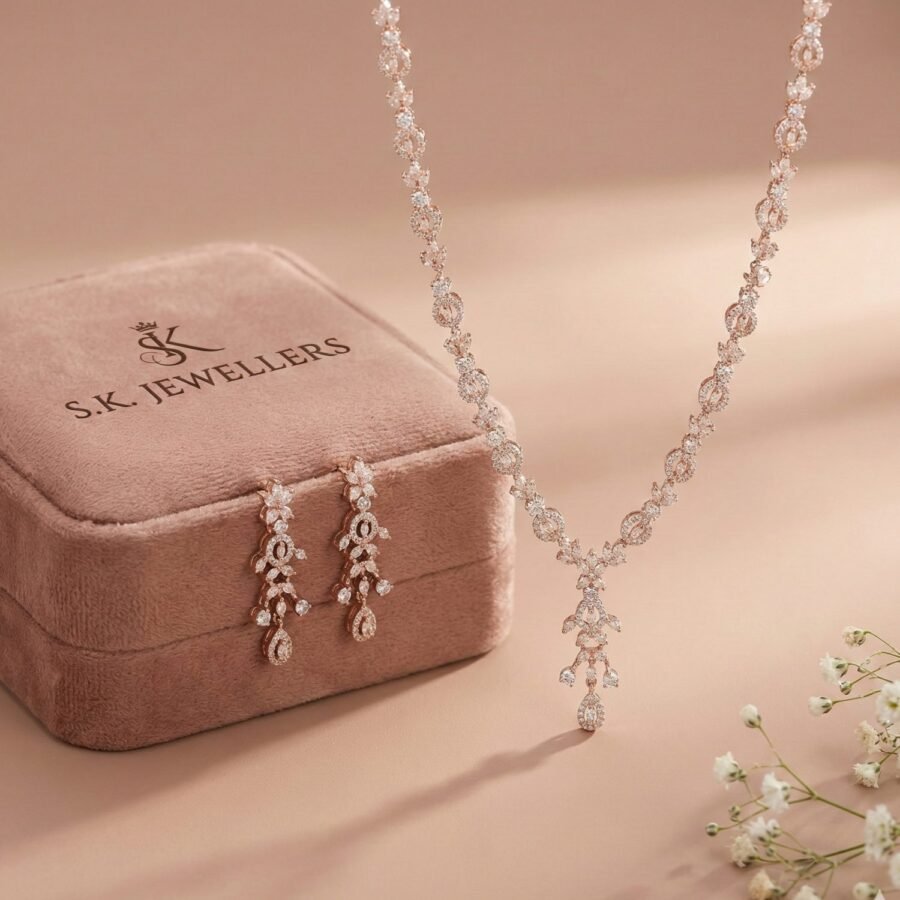 925 Silver Rose Gold CZ Floral Chain Necklace Set