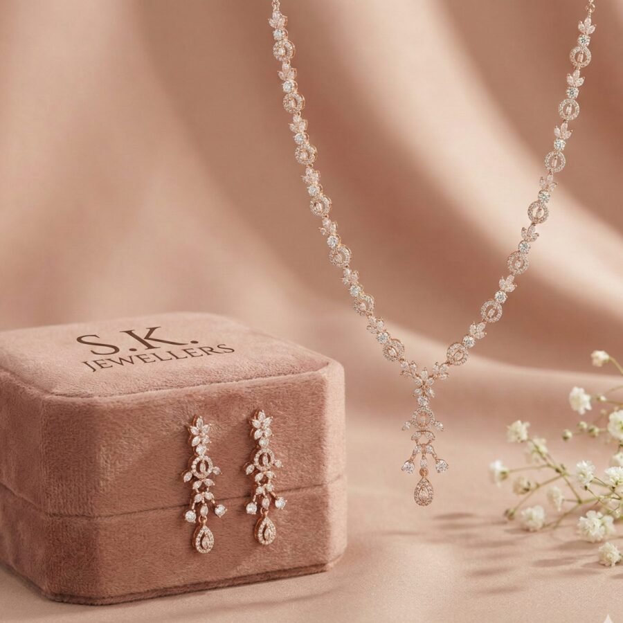 925 Silver Rose Gold CZ Floral Chain Necklace Set