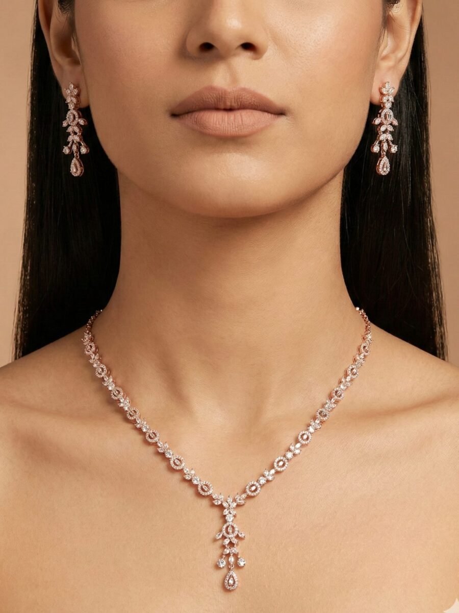 925 Silver Rose Gold CZ Floral Chain Necklace Set
