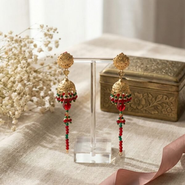 925 Silver Red Stone Drop Jhumka