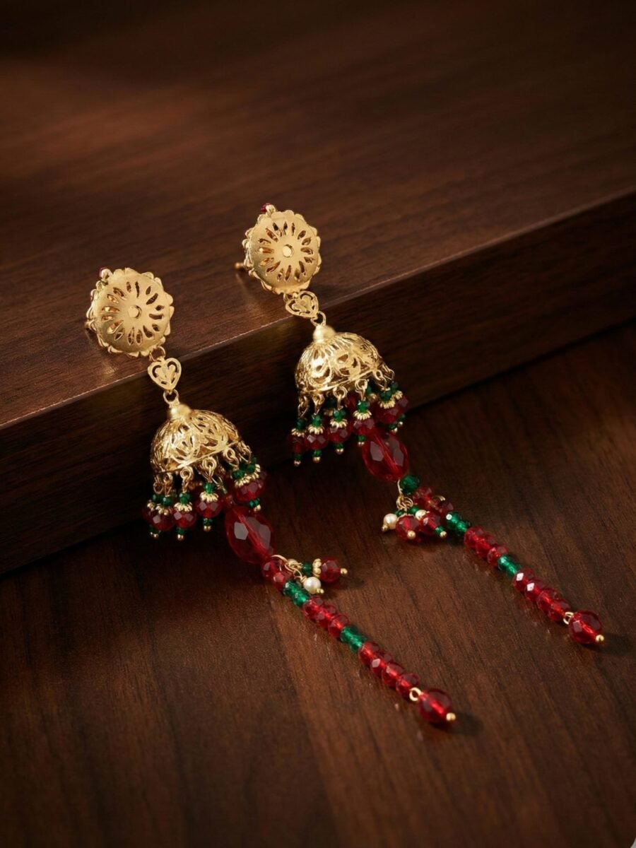925 Silver Red Stone Drop Jhumka