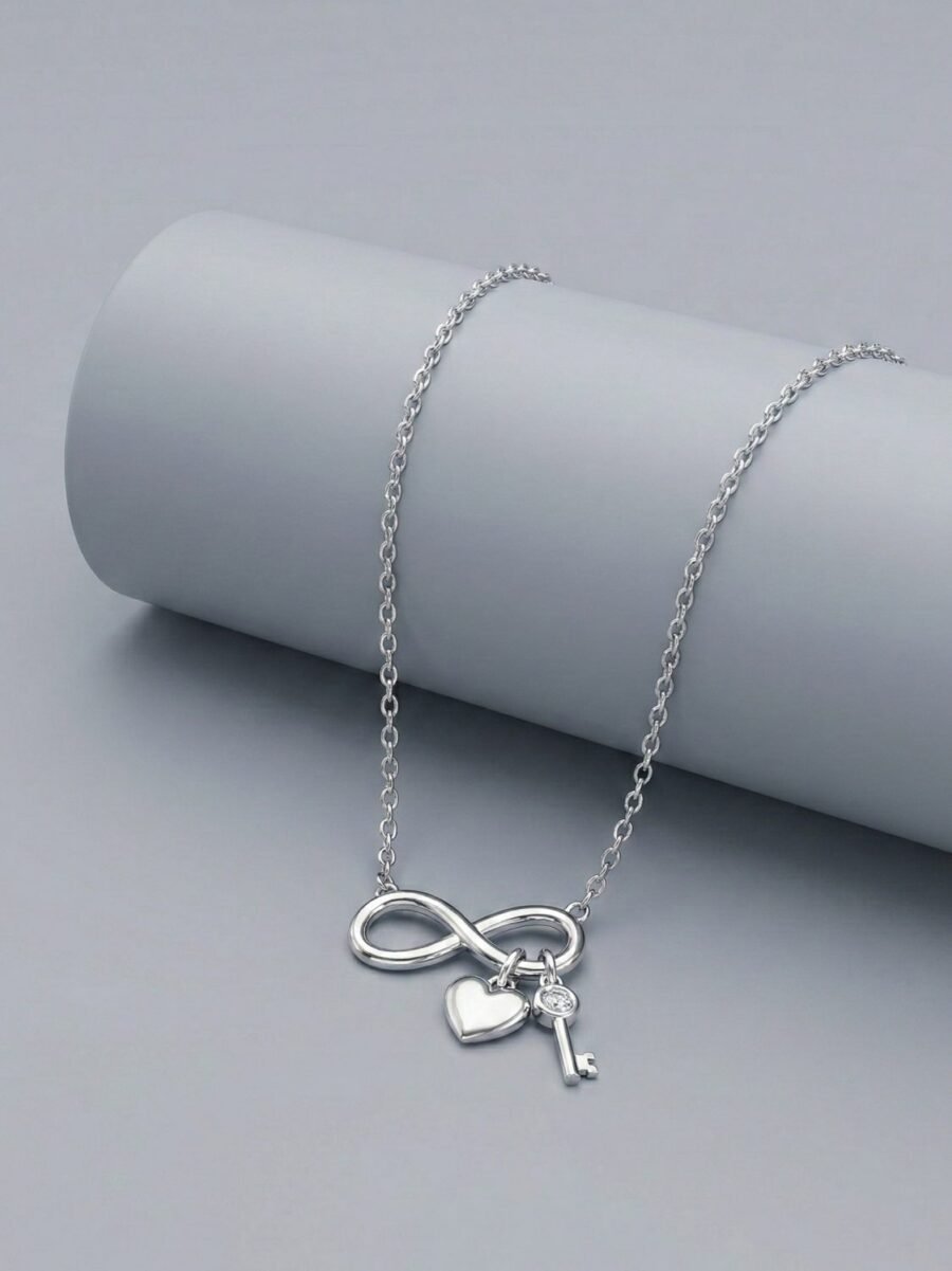 925 Silver CZ Bow Ribbon Necklace Set