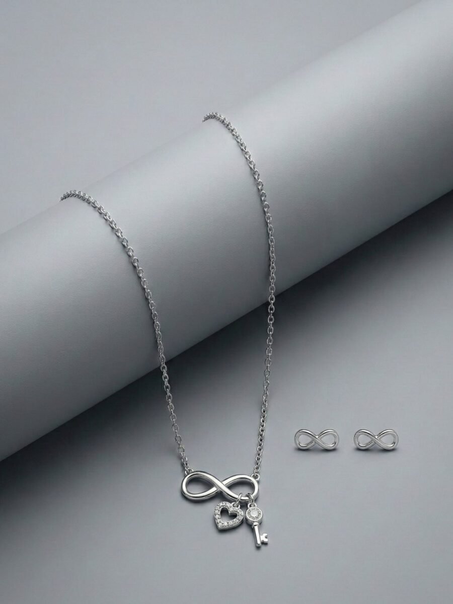 925 Silver CZ Bow Ribbon Necklace Set