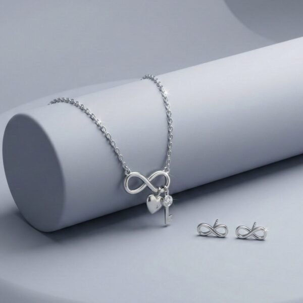 925 Silver CZ Bow Ribbon Necklace Set