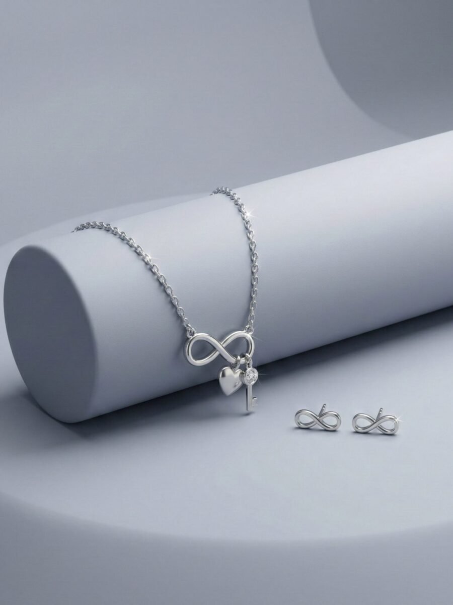 925 Silver CZ Bow Ribbon Necklace Set