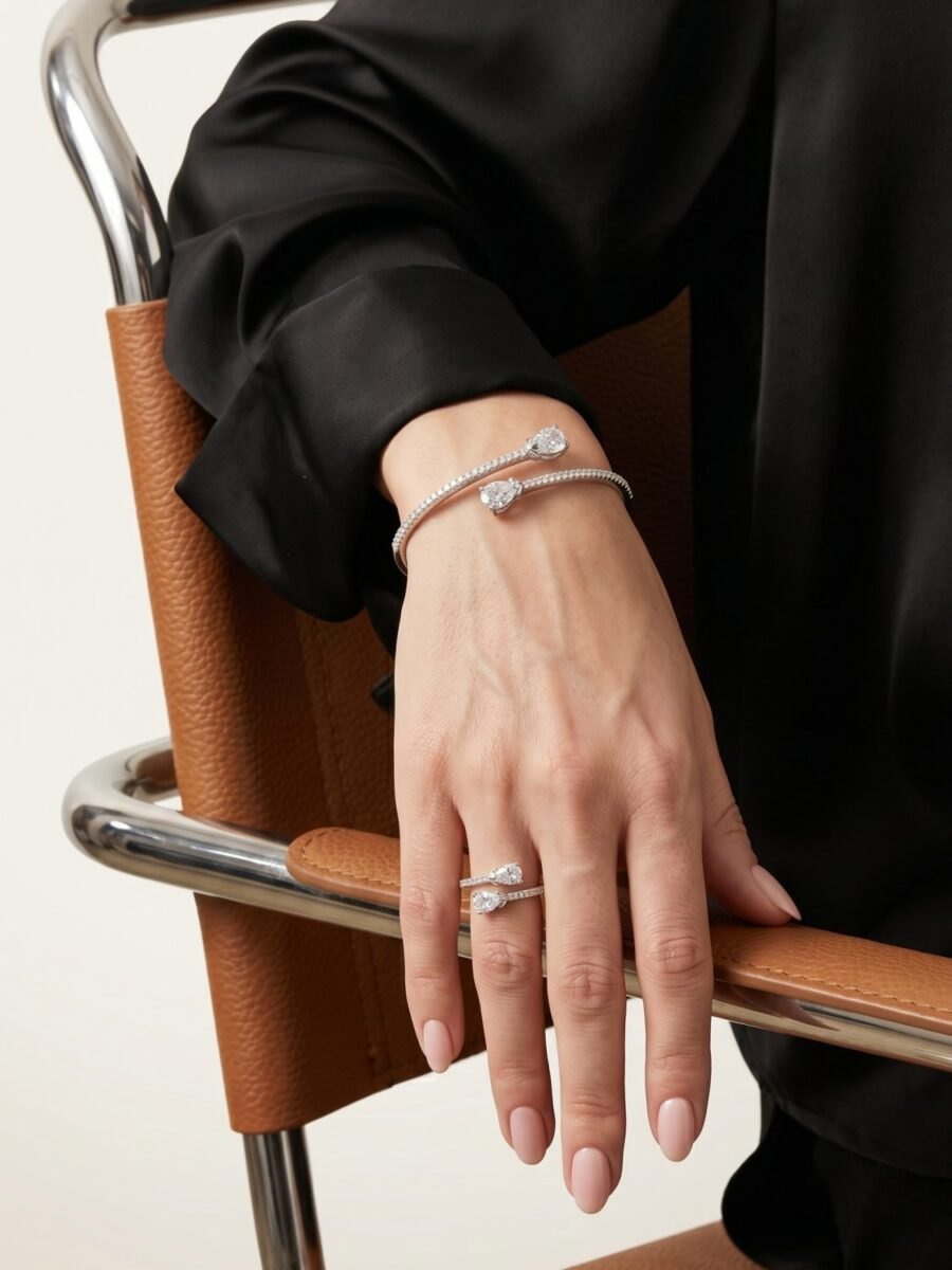 925 Silver CZ Teardrop Bypass Bracelet and Ring Set