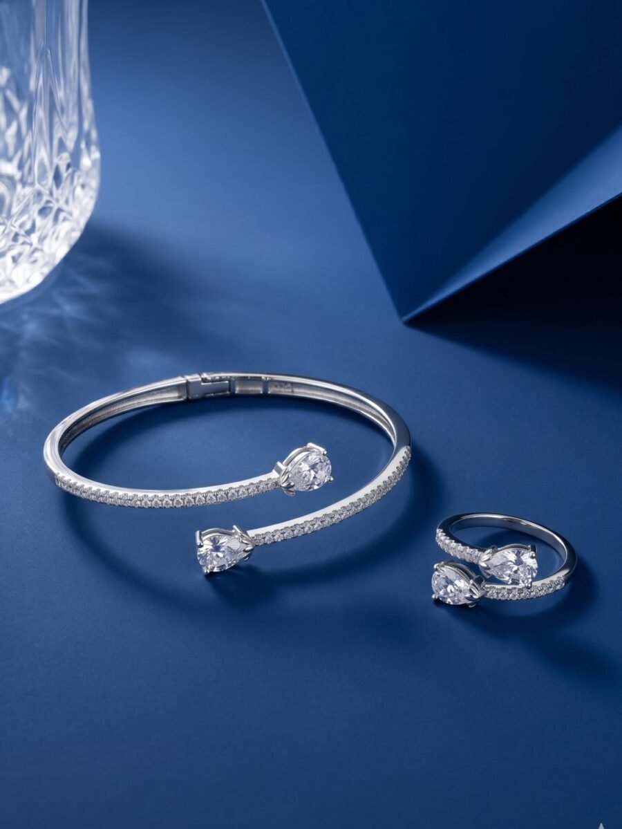 925 Silver CZ Teardrop Bypass Bracelet and Ring Set