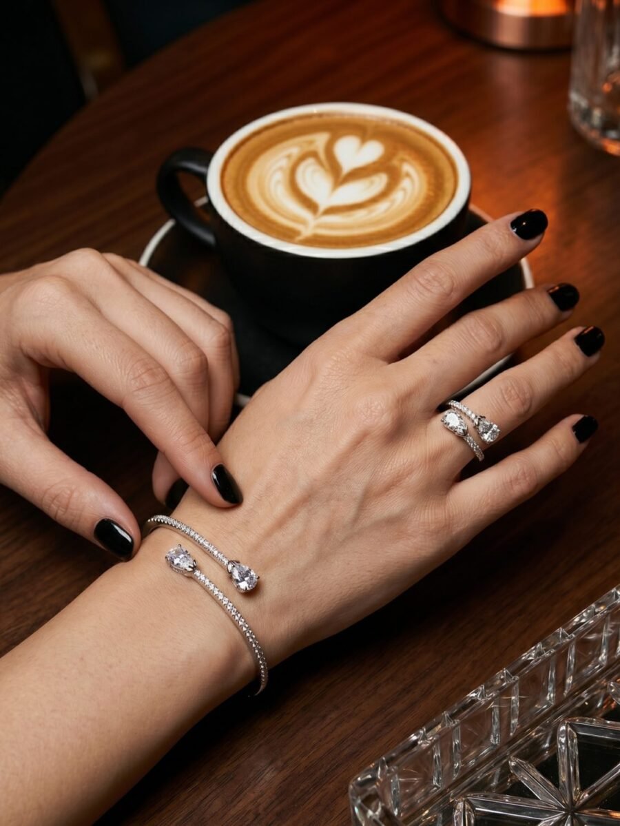 925 Silver CZ Teardrop Bypass Bracelet and Ring Set