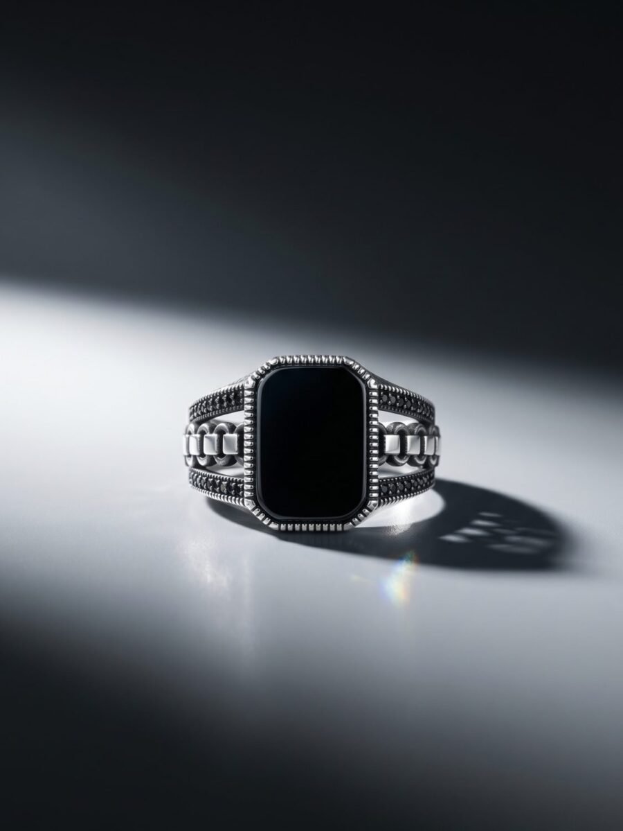 925 Silver Chunky Black Stone Ring