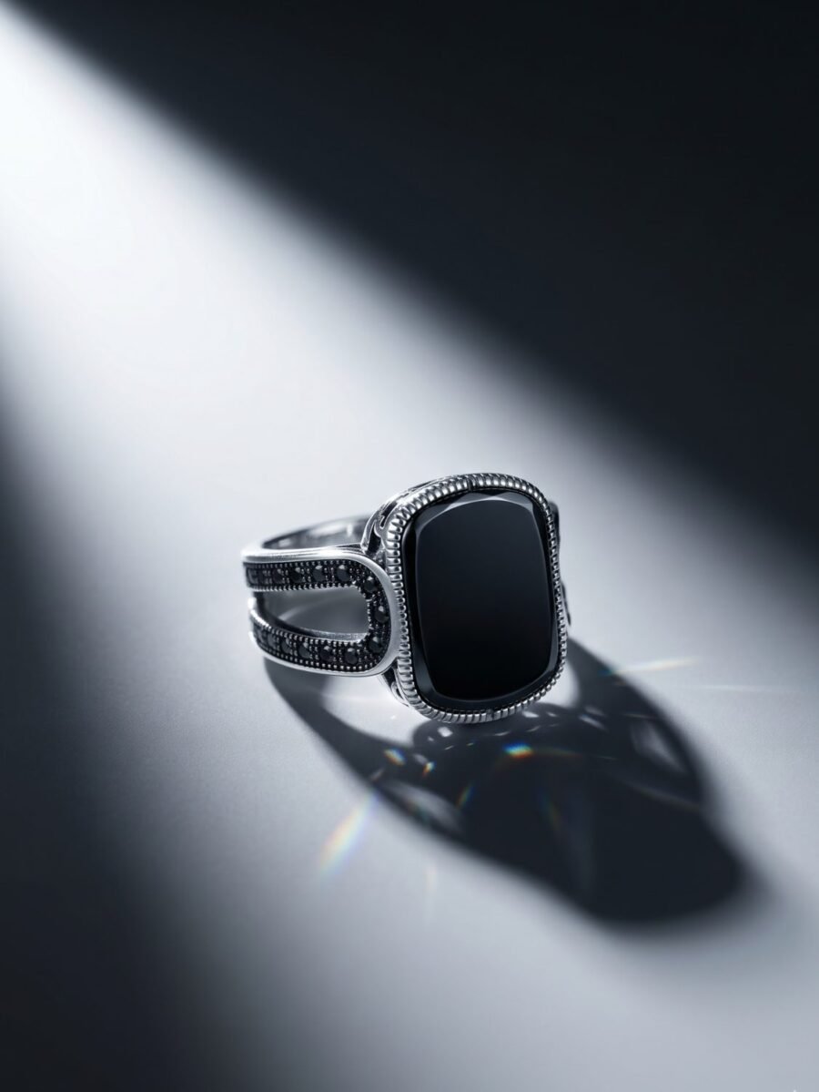 925 Silver Black Stone Chain Signet Ring