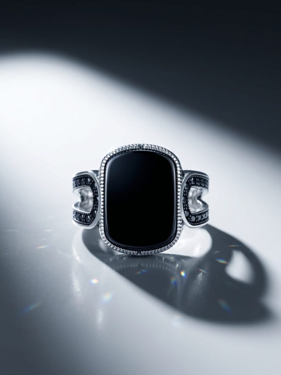 925 Silver Black Stone Chain Signet Ring