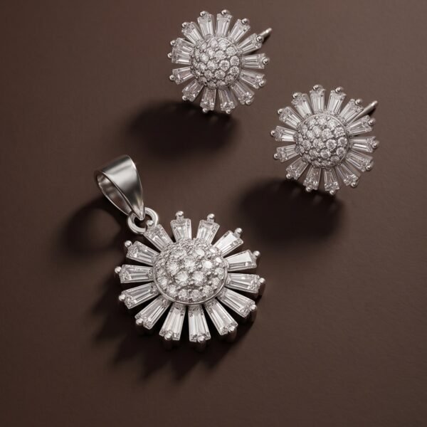 925 Silver Sunburst Baguette CZ Pendant Set