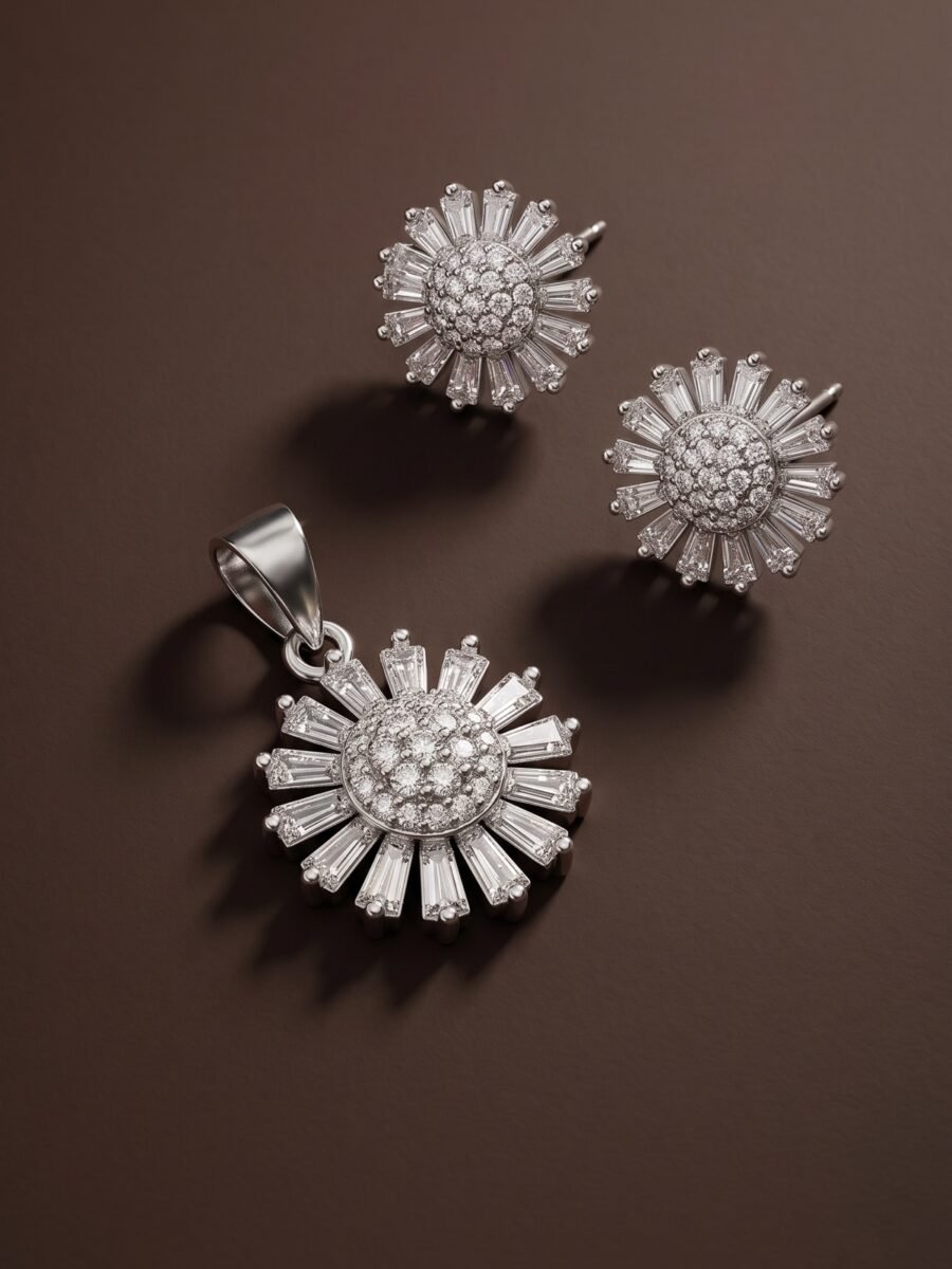925 Silver Sunburst Baguette CZ Pendant Set