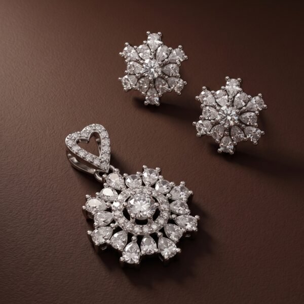 925 Silver Floral Snowflake CZ Pendant Set