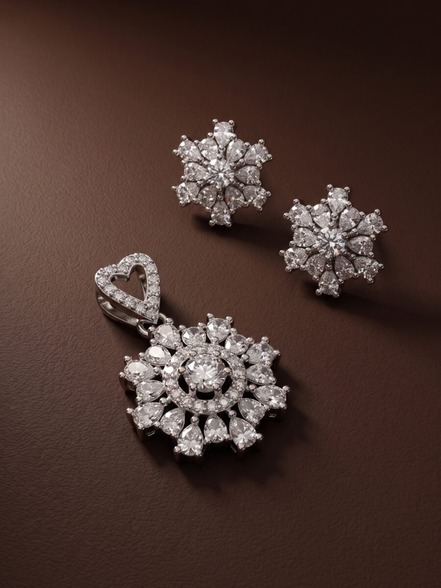 925 Silver Floral Snowflake CZ Pendant Set