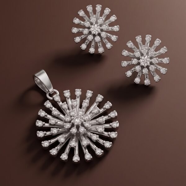 925 Silver Dandelion Burst CZ Pendant Set