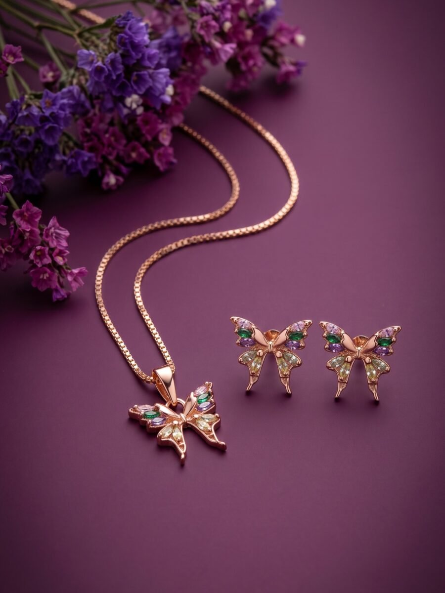 925 Silver Multicolour Butterfly Pendant Set