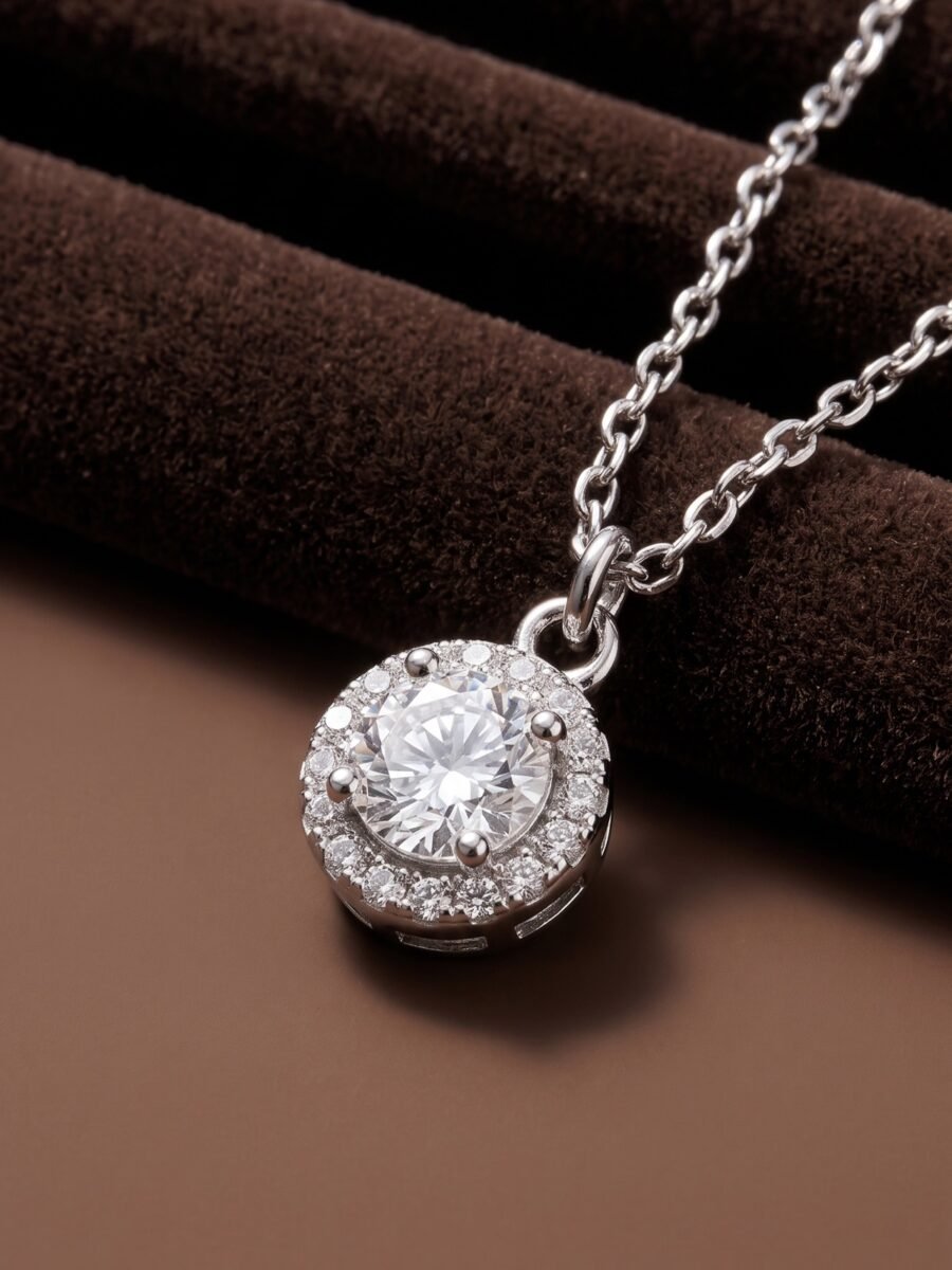 925 Silver Round Halo CZ Pendant Set