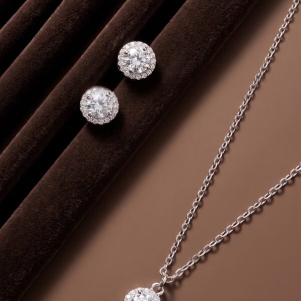925 Silver Round Halo CZ Pendant Set