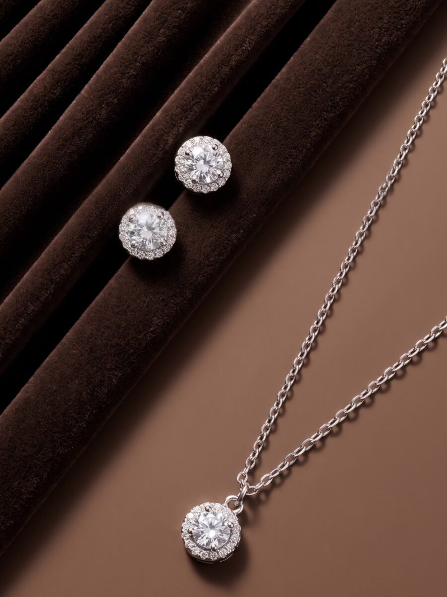 925 Silver Round Halo CZ Pendant Set