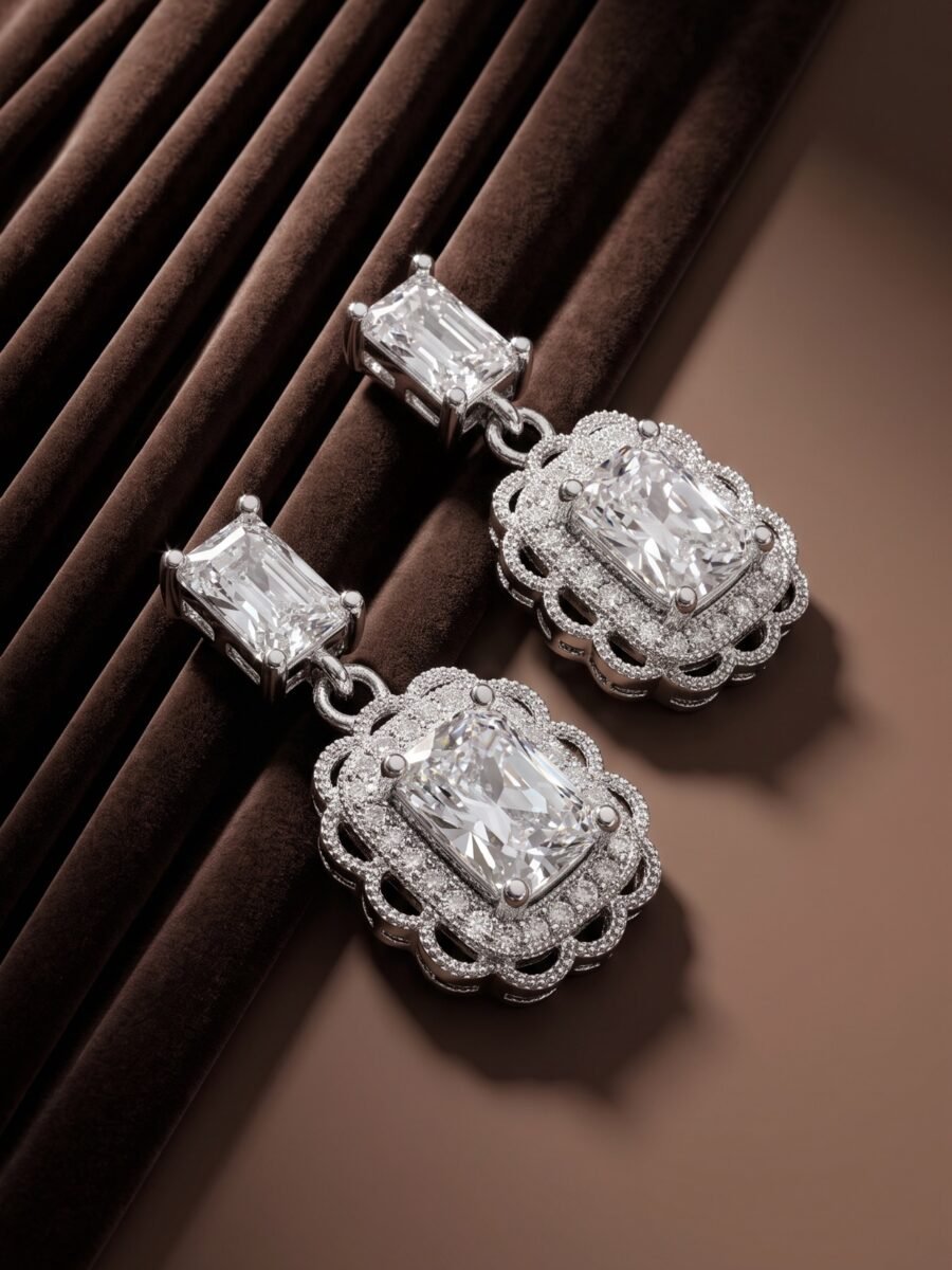 925 Silver Emerald Cut Halo Pendant Set