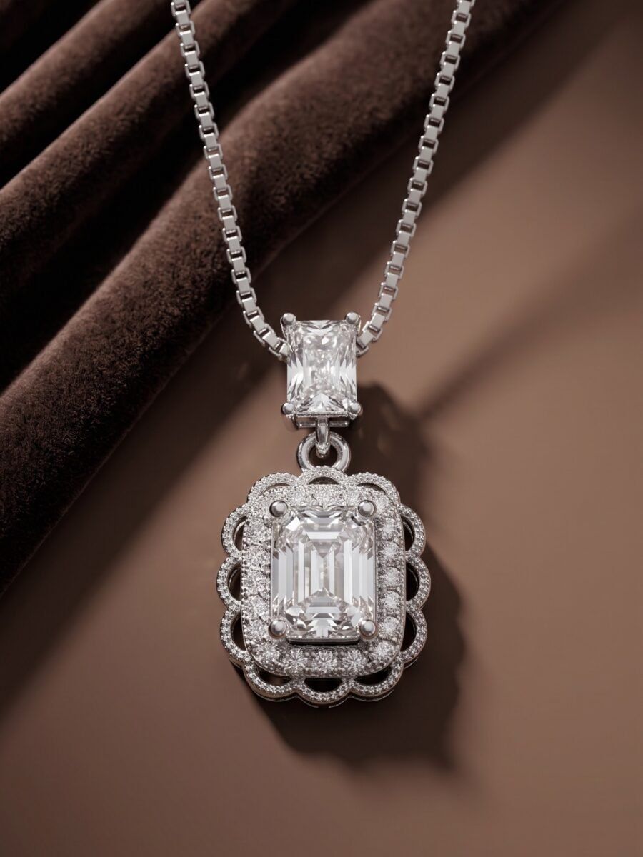 925 Silver Emerald Cut Halo Pendant Set