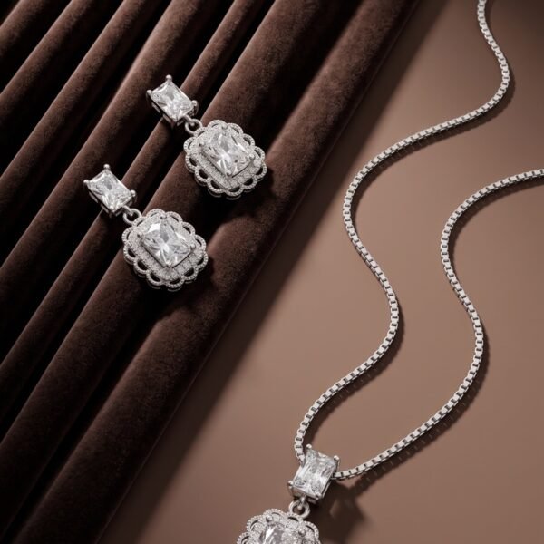 925 Silver Emerald Cut Halo Pendant Set