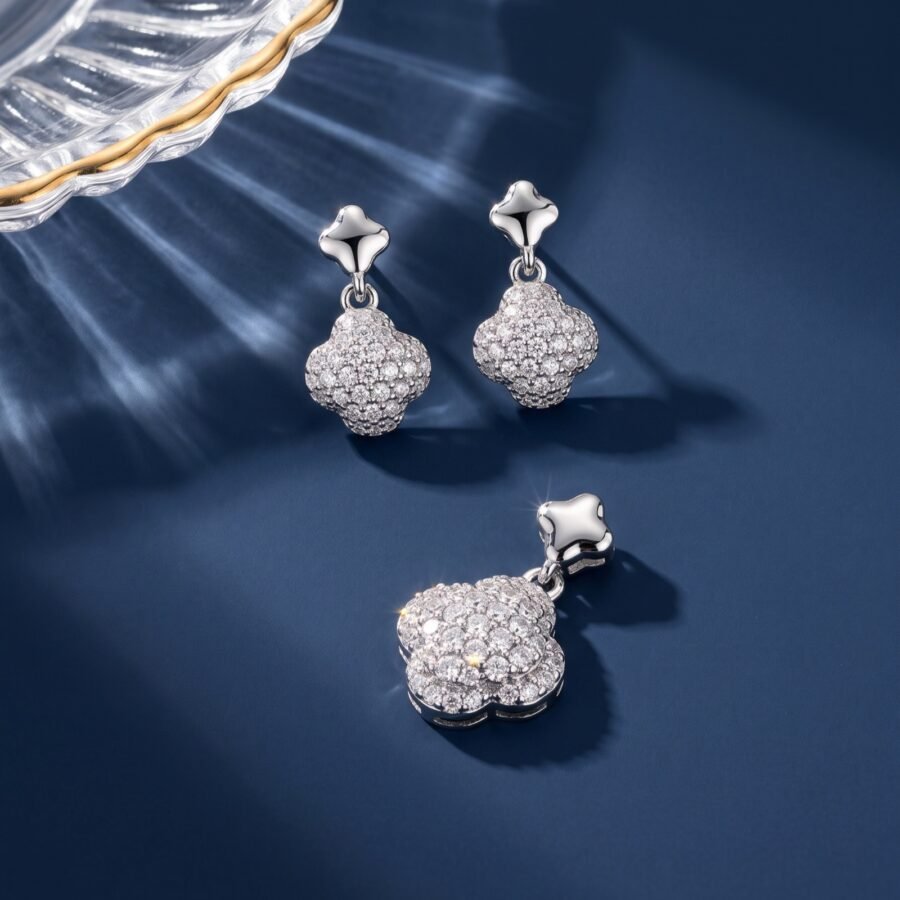 925 Silver Pave Clover Pendant Set