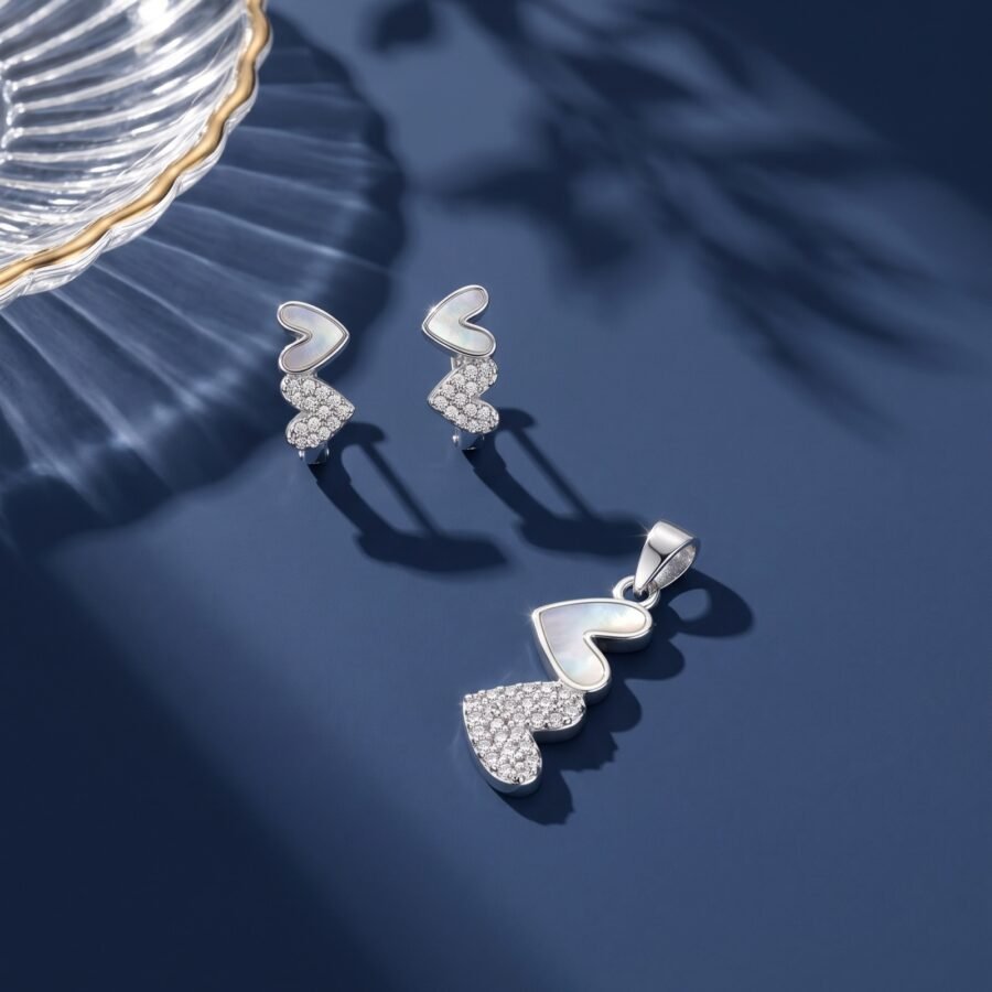 925 Silver Twin Heart Pendant Set