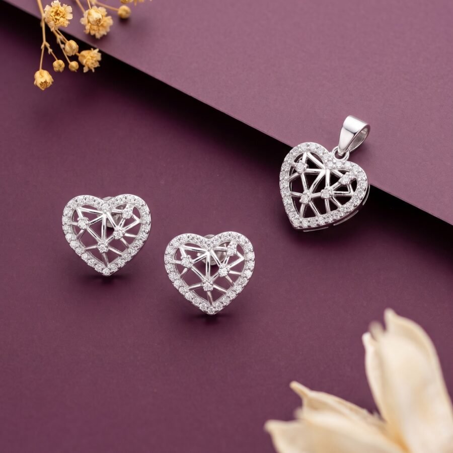 925 Silver Heart Filigree Pendant Set