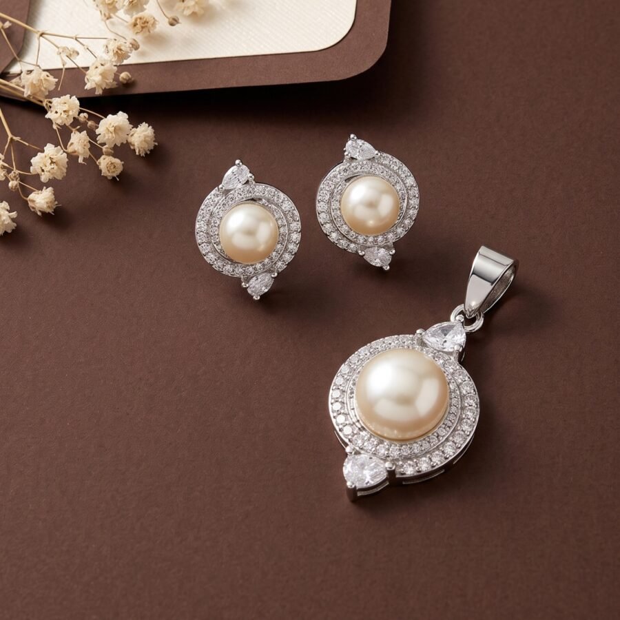 925 Silver Pearl Halo Pendant Set