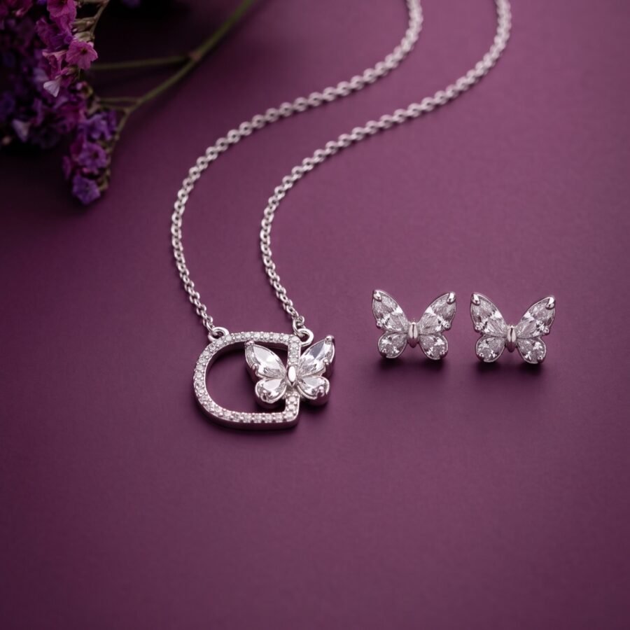 925 Silver Open Butterfly Pendant Set