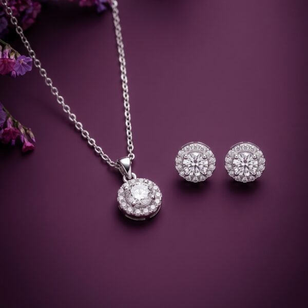 925 Silver Halo Drop CZ Pendant Set