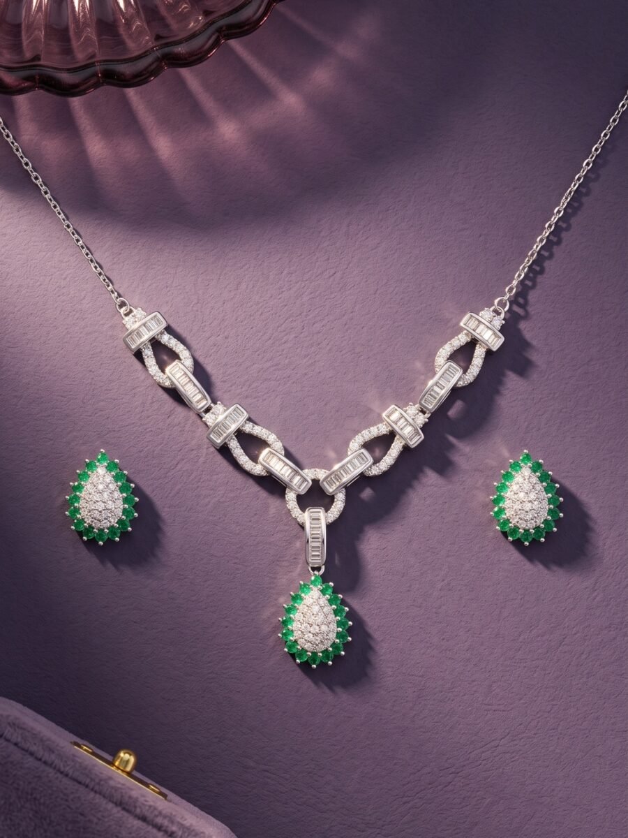 925 Silver Emerald Teardrop Necklace Set